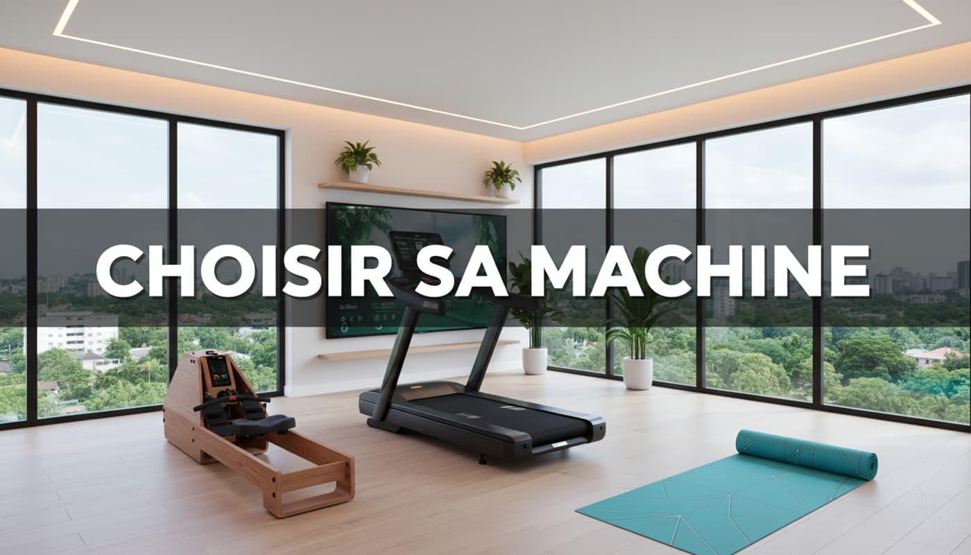 Salle de sport moderne lumineuse avec un tapis de course haut de gamme, un rameur et un tapis de yoga, texte superposé 'CHOISIR SA MACHINE' sur un voile sombre.