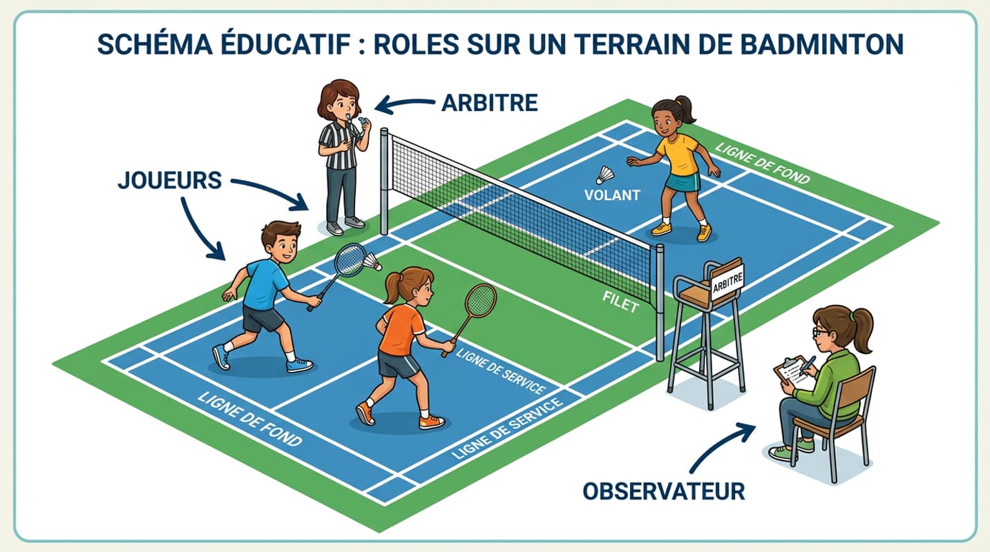 Schéma d'un terrain de badminton avec quatre élèves : un arbitre près du filet, deux joueurs sur le terrain et un observateur assis avec un bloc-notes.