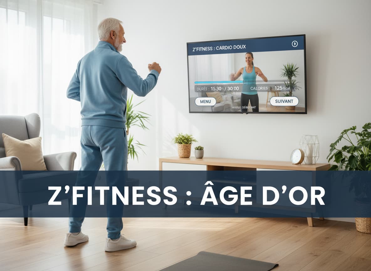 Un homme âgé souriant en tenue de sport suit un programme de cardio doux sur son écran de télévision, avec le texte 'Z’FITNESS : ÂGE D’OR' superposé.
