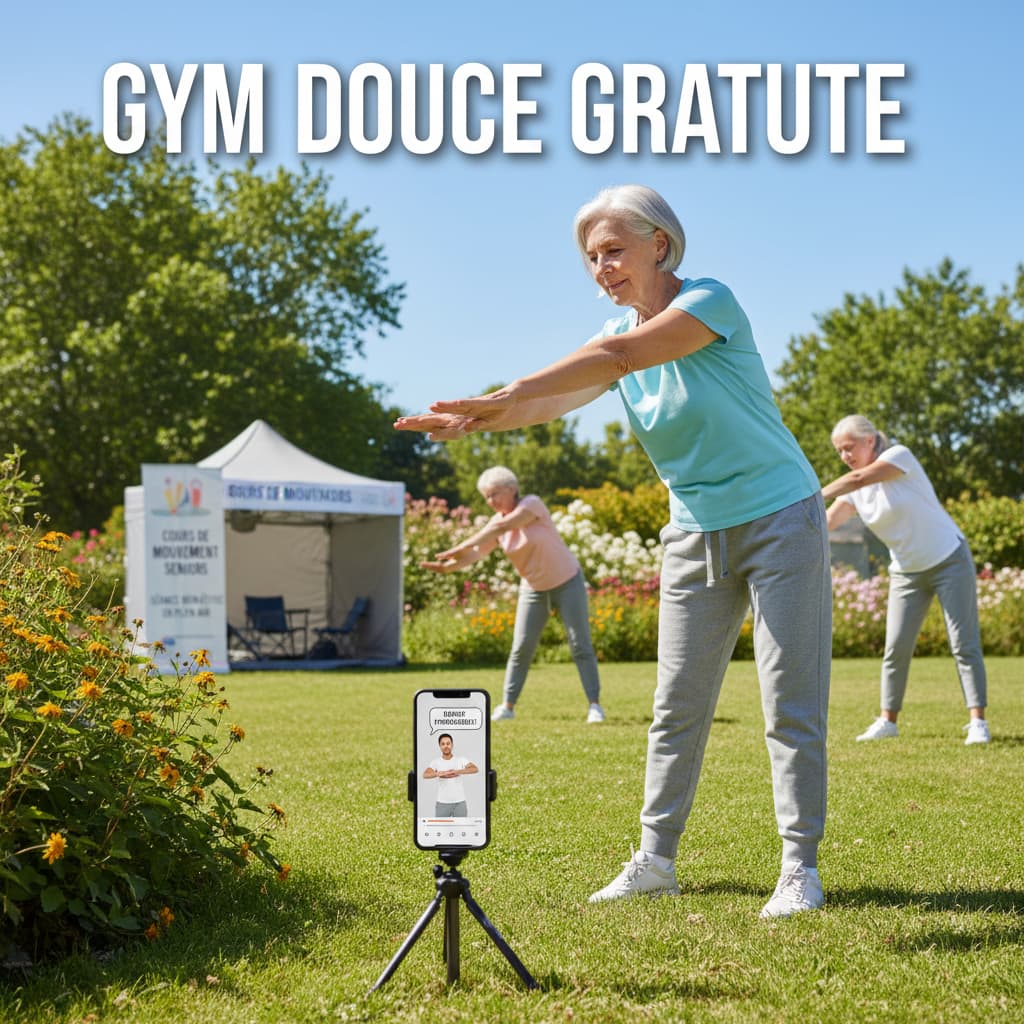 Dans un parc, une personne âgée suit un cours d'étirements sur son smartphone monté sur un trépied, avec le texte 'GYM DOUCE GRATUITE' superposé.