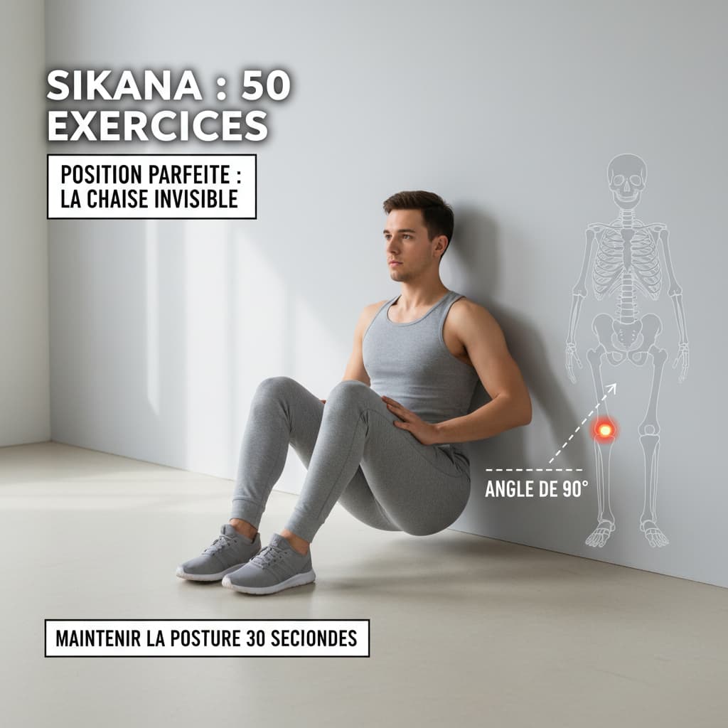 Personne assise contre un mur effectuant un exercice de chaise, fond neutre, texte 'SIKANA : 50 EXERCICES' superposé en haut.