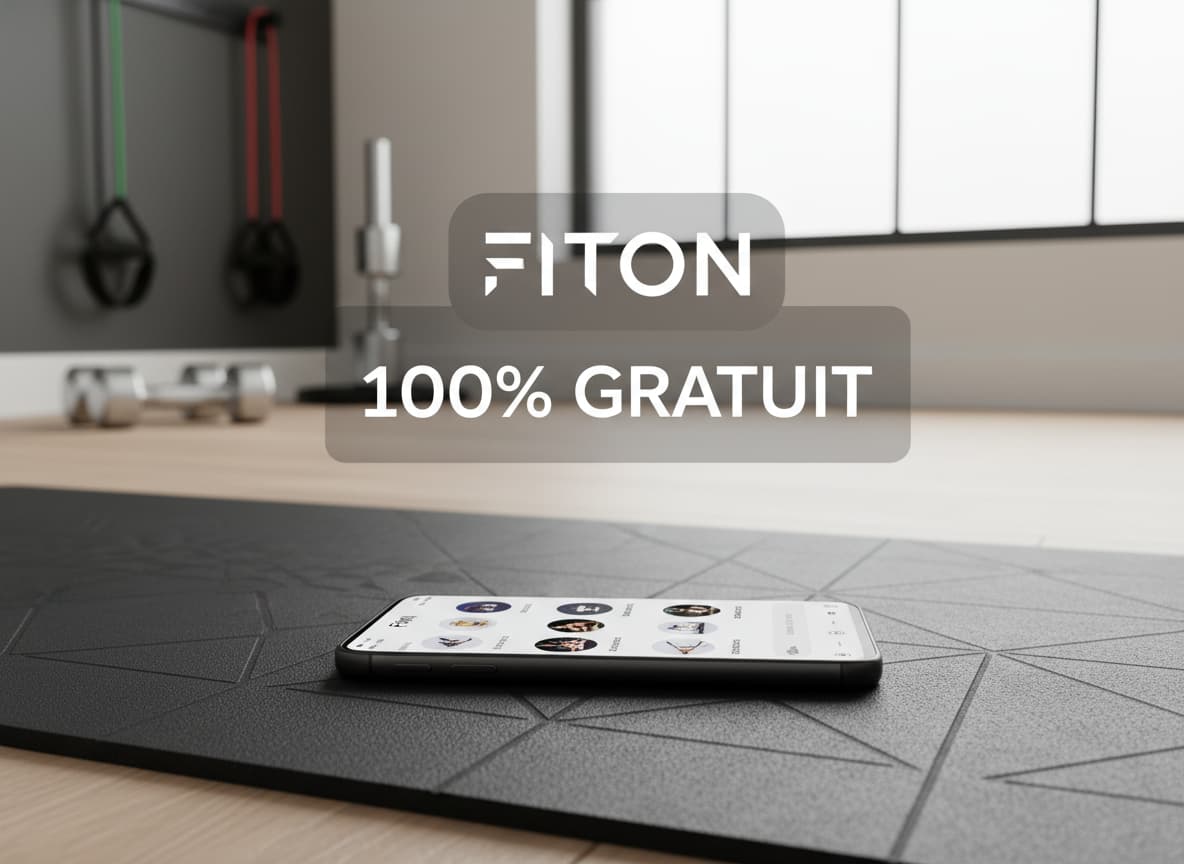 Premier plan d'un smartphone posé sur un tapis de yoga, affichant l'application FitOn avec des catégories d'entraînement en français telles que 'Cardio Intense' et 'Yoga Matinal', et le texte 'FITON : 100% GRATUIT' superposé, dans un décor de home gym minimaliste.