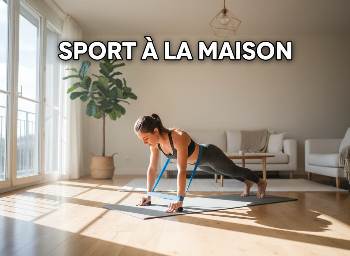 Personne s'entraînant à faire des pompes dans un salon lumineux avec parquet, un tapis de yoga et une bande élastique visibles, texte 'SPORT À LA MAISON' en superposition.