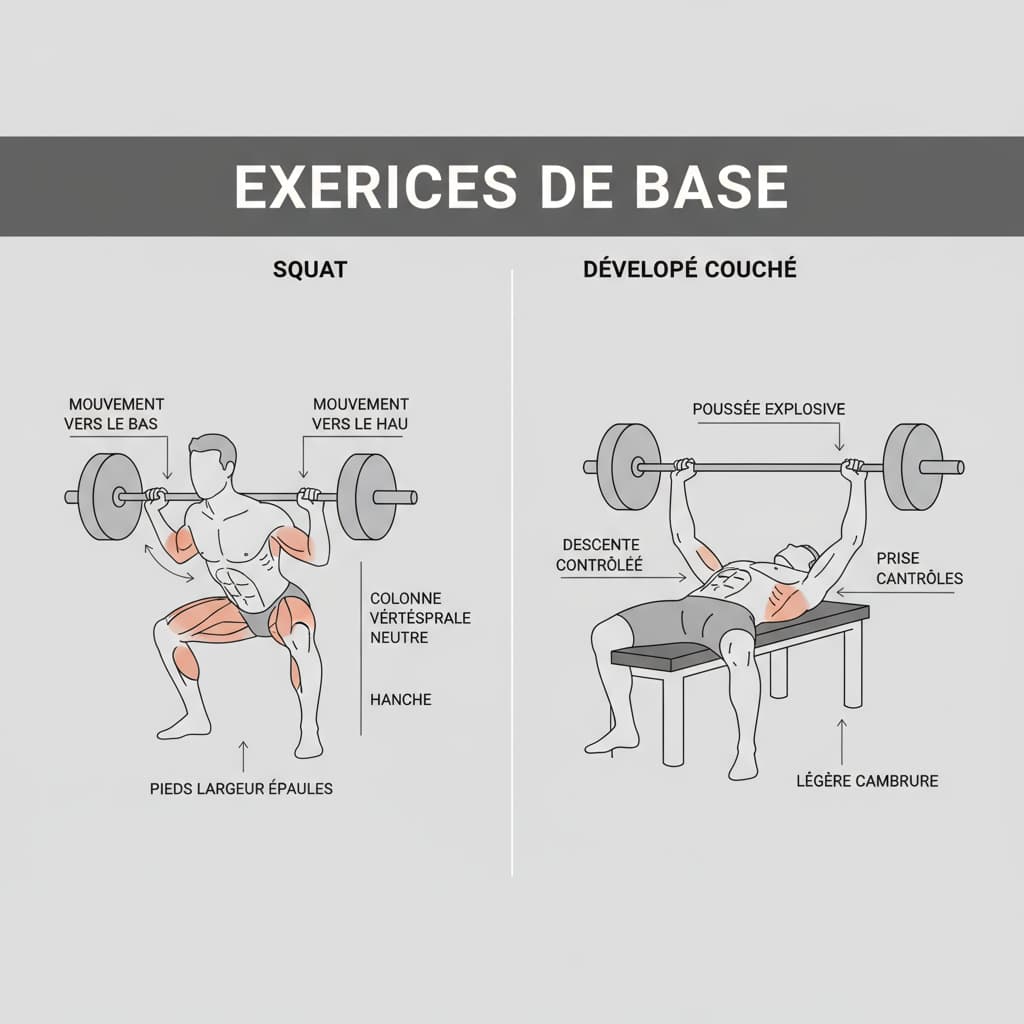 Personne réalisant un squat barre et un développé couché avec mise en évidence des muscles ciblés sur fond neutre.