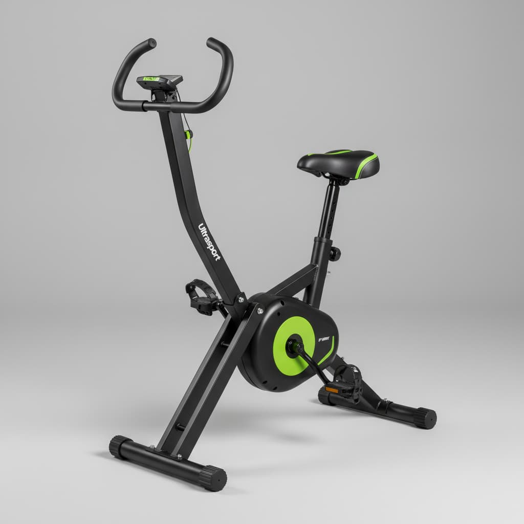 Vue de trois quarts d'un vélo d'appartement pliable Ultrasport F-Bike déplié, au design noir et vert, sur fond gris neutre avec ombres douces.