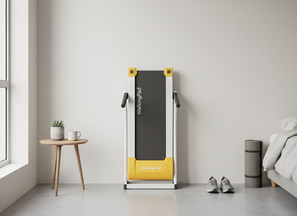 Le WalkingPad C2 blanc et jaune est appuyé verticalement contre un mur dans un studio, avec un sol propre et un éclairage naturel.