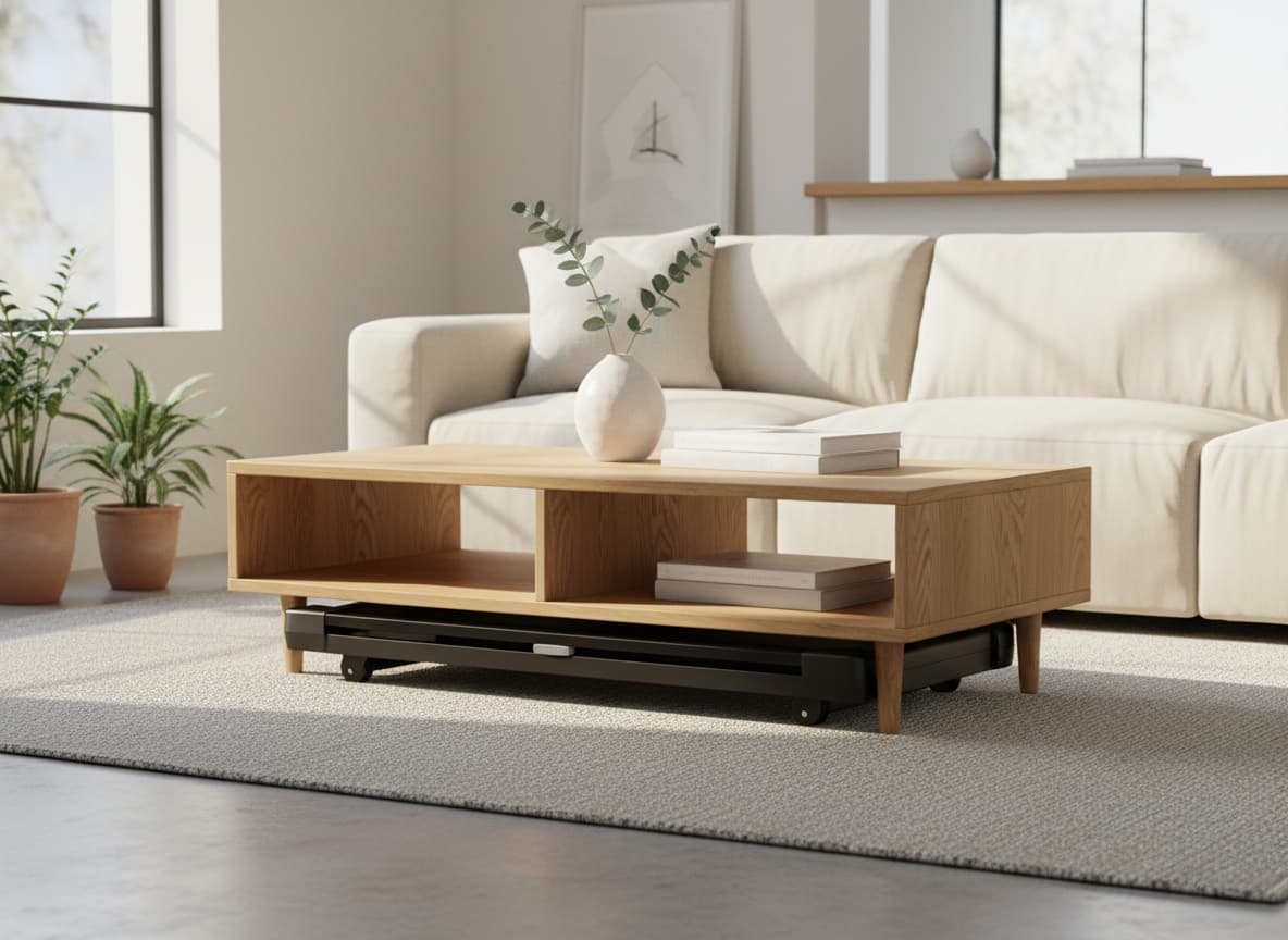Tapis de course WalkingPad R3 plié glissé partiellement sous une table basse en bois dans un salon minimaliste éclairé par la lumière du jour.