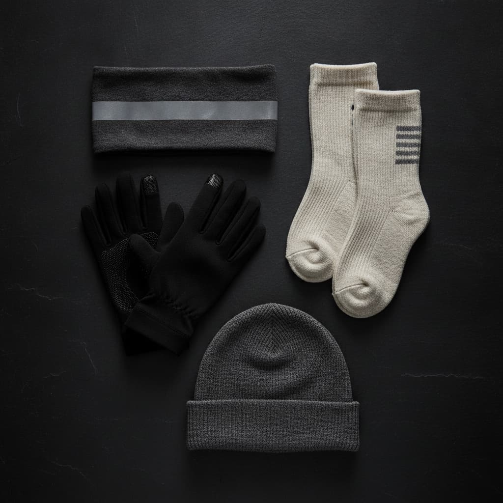 Des gants de course tactiles, des chaussettes en laine mérinos, un bandeau thermique réfléchissant et un bonnet léger sont disposés à plat sur une surface en ardoise sombre.