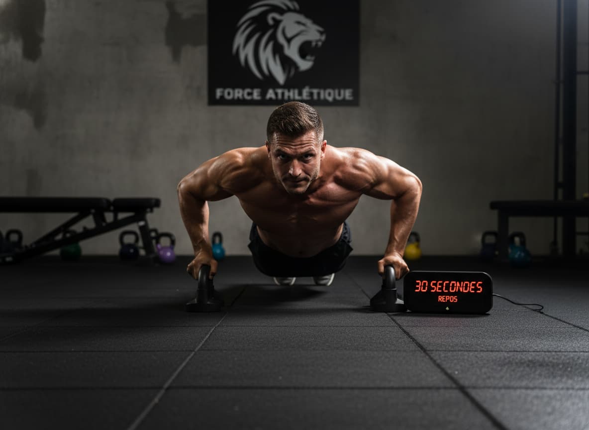 Un athlète masculin en tenue de sport effectue des pompes profondes avec une forme parfaite, un minuteur numérique au sol affiche '30 secondes', éclairage dramatique.