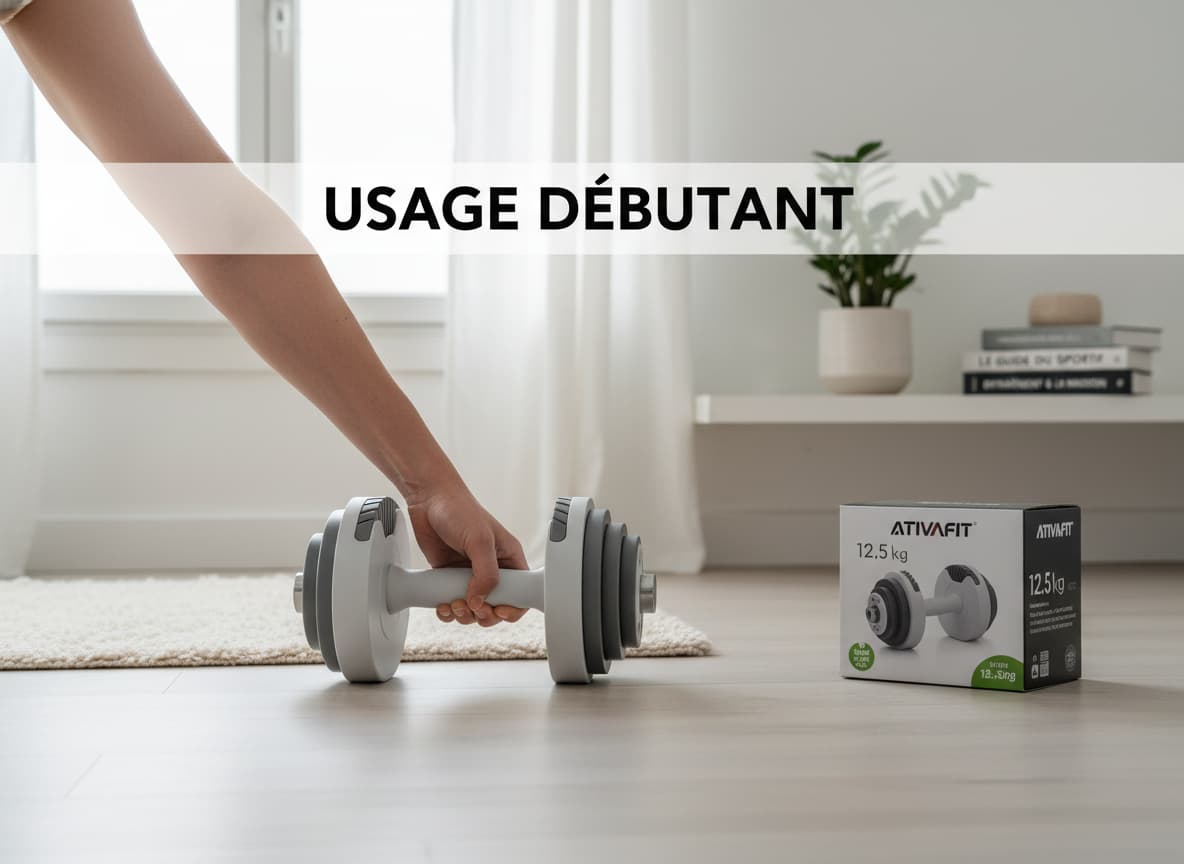 Une personne tend la main vers la poignée ergonomique d'un haltère réglable blanc ou gris dans une chambre minimaliste bien éclairée, avec le texte 'USAGE DÉBUTANT' superposé.