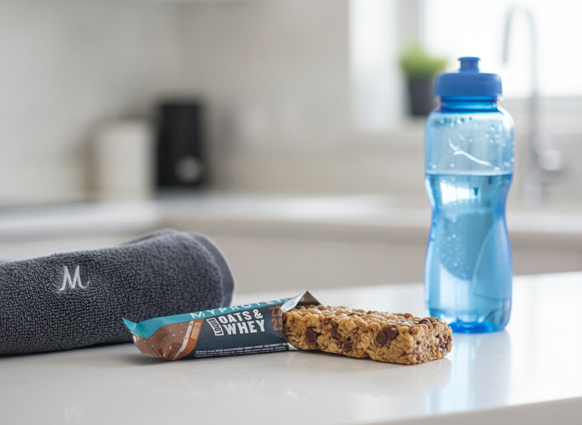 Gros plan sur une barre protéinée à l'avoine et au lactosérum Myprotein posée sur un comptoir de cuisine élégant, à côté d'une serviette de sport et d'une bouteille d'eau, mettant en valeur l'emballage et la texture de l'avoine sous un éclairage naturel et doux.