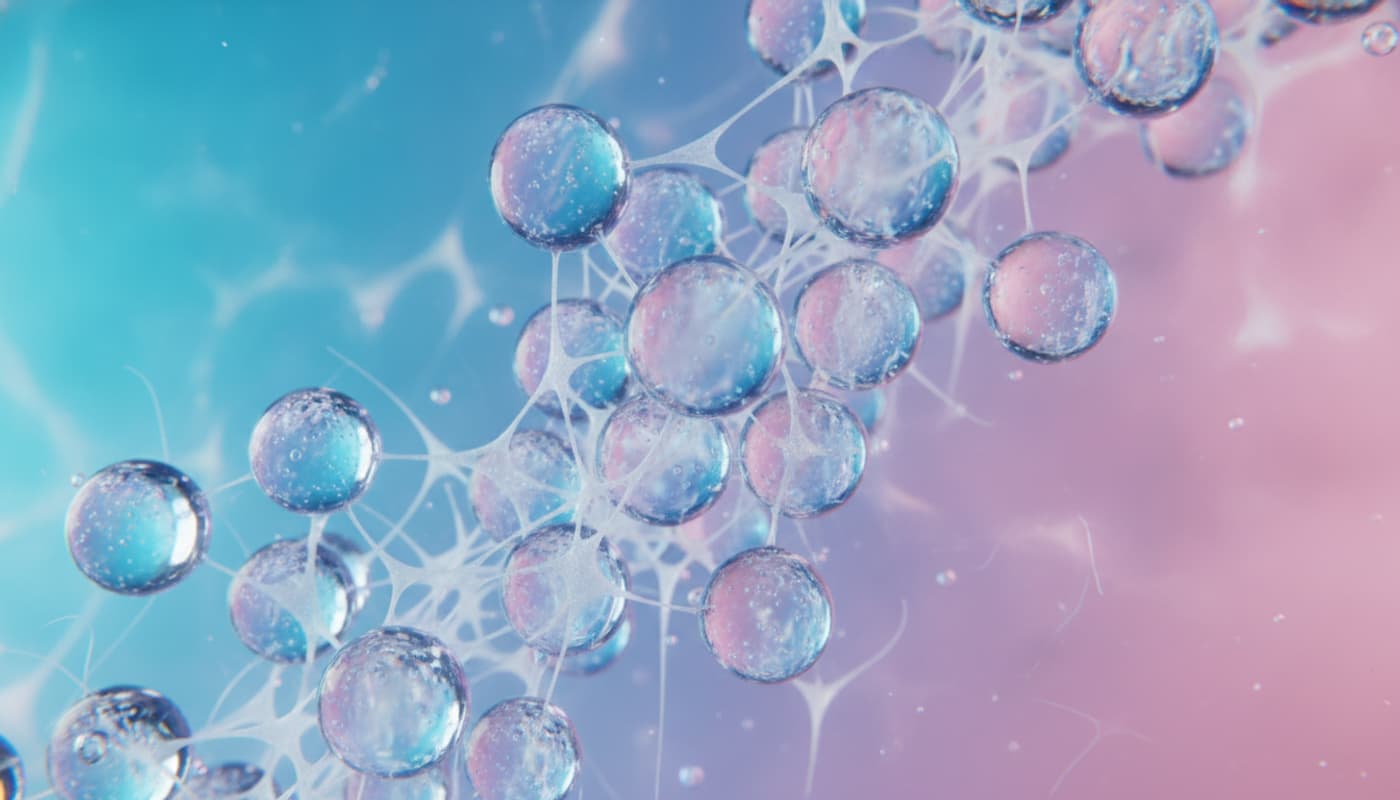 Billes de gel translucides et fibres blanches entrelacées flottant dans un liquide cyan et rose, évoquant l'hydratation cellulaire et articulaire.