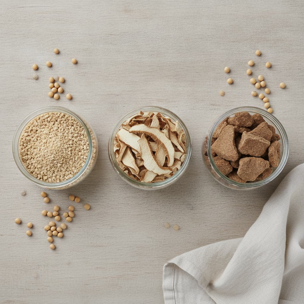 Trois bocaux en verre remplis de protéines de soja texturées sous forme de granulés, de lanières et de gros morceaux sont disposés sur une table en bois clair à côté d