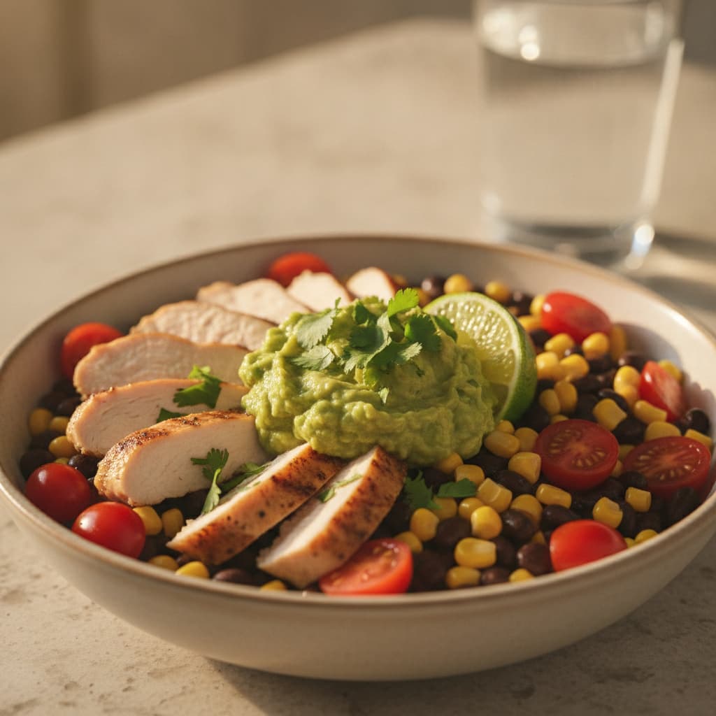 Un bol rempli de poulet grillé, haricots noirs, maïs, tomates cerises et guacamole est garni de coriandre et d'un quartier de citron vert sur un plan de travail de cuisine.
