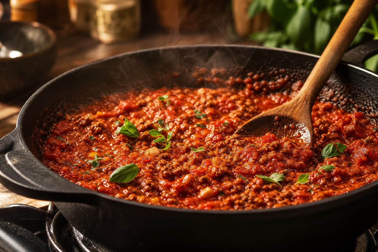 Sauce bolognaise végétalienne aux granulés de soja mijotant dans une poêle en fonte, avec une cuillère en bois rustique et de la vapeur s