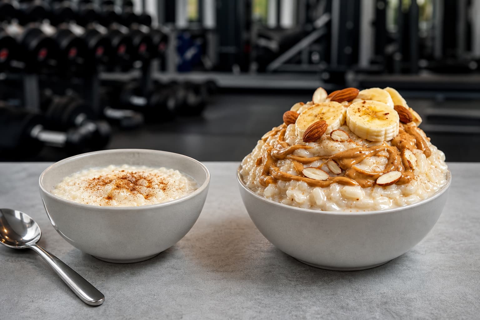 Deux bols de riz au lait, le petit à gauche avec du lait d