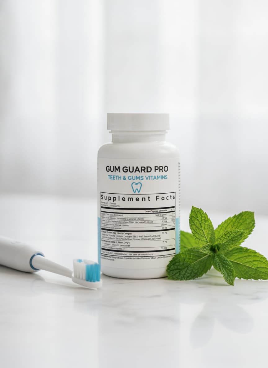 Une bouteille blanche et bleue de supplément dentaire Codeage Collagen pour les dents, à côté d'un brin de menthe fraîche et d'une brosse à dents élégante, posée sur un meuble-lavabo blanc immaculé, sous une lumière vive et fraîche.
