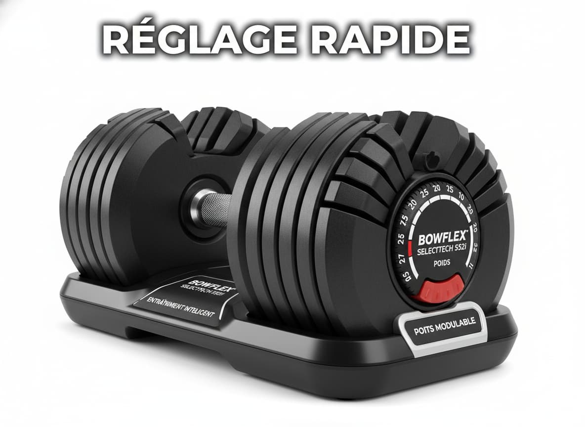 Haltère ajustable Bowflex SelectTech 552i dans son socle, avec molette de sélection mécanique visible sur le côté.