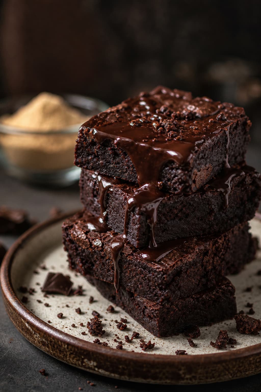 Une pile de brownies au chocolat fondants nappés de chocolat fondu repose sur une assiette en céramique artisanale à côté d