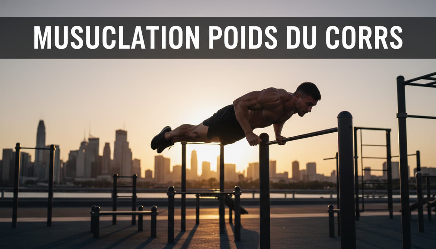Un athlète musclé effectue un front lever dans un parc de street workout au coucher du soleil, avec la silhouette de la ville en arrière-plan et le texte 'MUSCULATION POIDS DU CORPS' superposé.