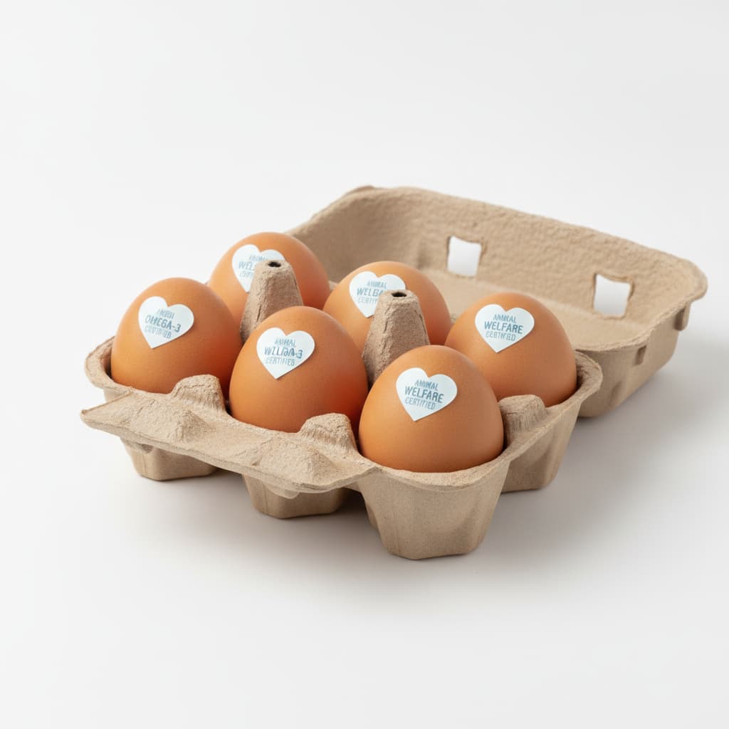 Un carton moulé en pulpe brune, ouvert, contenant six gros œufs bruns, chacun portant une étiquette en forme de cœur bleu et blanc indiquant une teneur élevée en oméga-3 et des normes de bien-être animal, sur fond blanc.