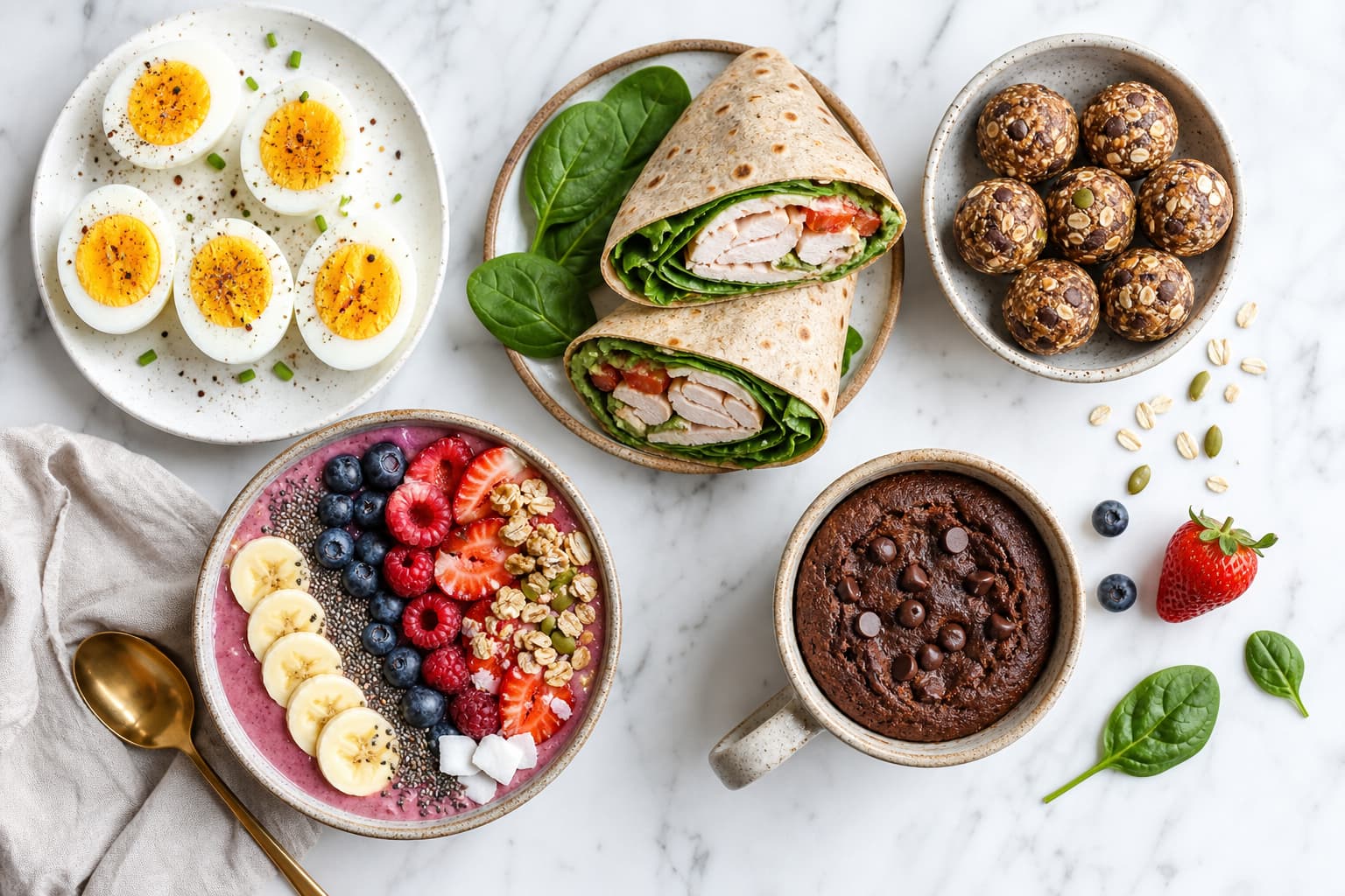 Des collations protéinées variées incluant des œufs durs, un wrap à la dinde, un smoothie bowl et des energy balls sont disposées sur une surface en marbre.