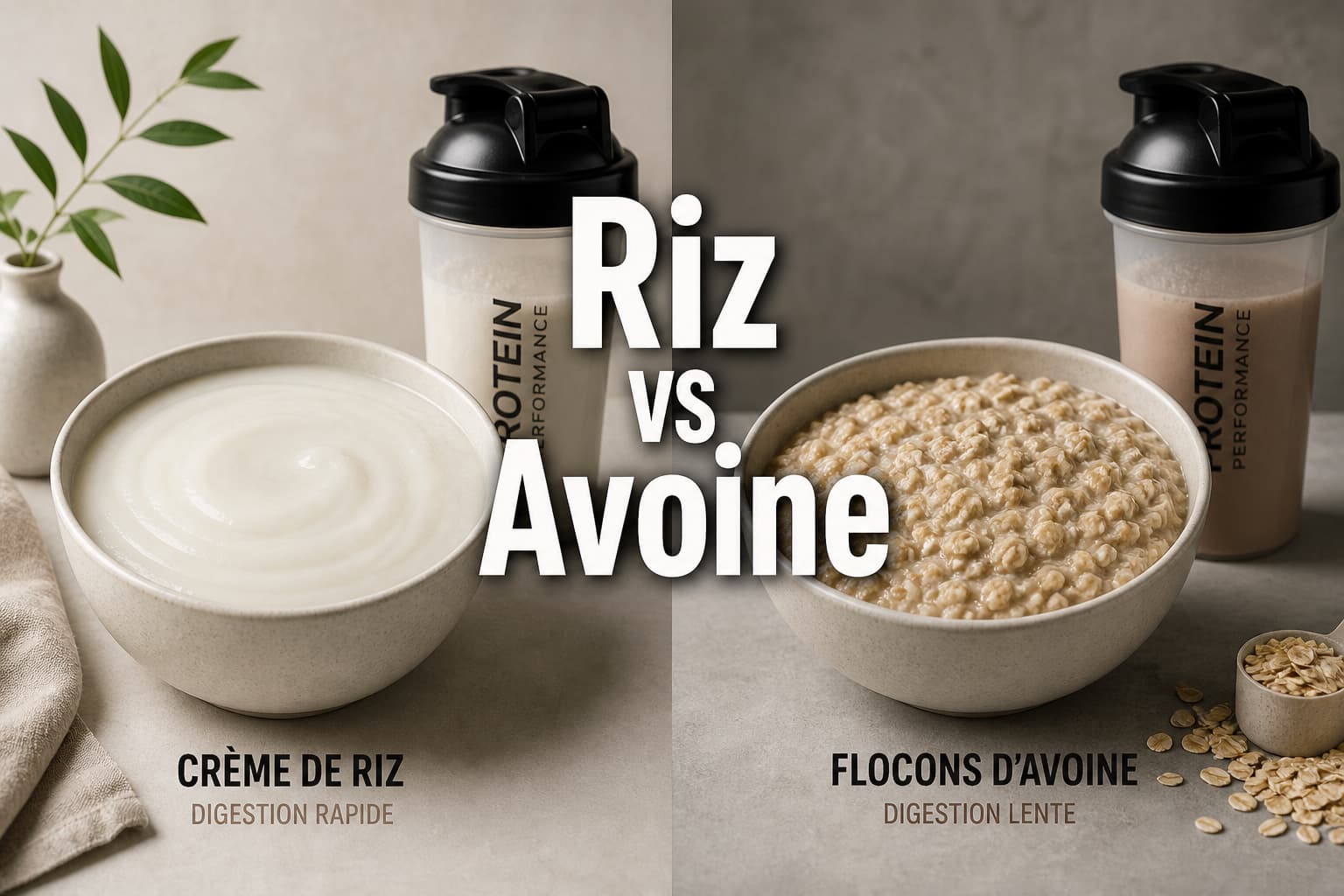 Écran partagé comparant un bol lisse de crème de riz à gauche et un bol texturé de flocons d