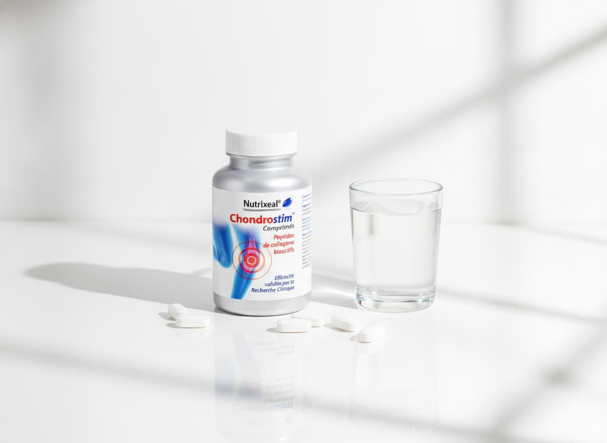 Pot de complément alimentaire pour articulations sur fond blanc, avec capsules et verre d'eau, éclairage clinique.