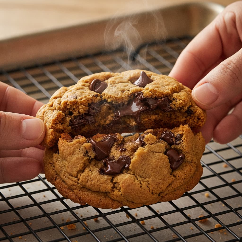 Deux mains brisent en deux un biscuit protéiné fait maison, révélant une texture moelleuse pleine de pépites de chocolat fondues, avec une légère vapeur s'élevant au-dessus d'une grille de refroidissement.