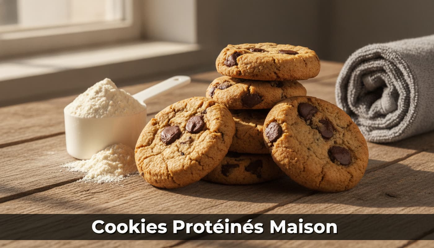 Une pile de cookies protéinés faits maison aux pépites de chocolat sur une table en bois rustique, à côté d'une cuillère de poudre de protéine vanille et une serviette de sport, éclairée par une lumière naturelle chaude avec ombres douces, et un bandeau de texte 'Cookies Protéinés Maison' avec ombre portée sur un fond sombre semi-transparent en bas.