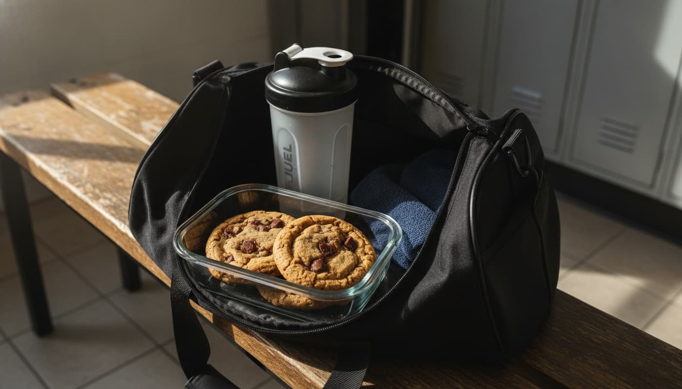 Un sac de sport ouvert sur un banc de vestiaire révèle un contenant avec deux biscuits protéinés aux pépites de chocolat, un shaker et une serviette en microfibre, le tout éclairé de façon cinématographique avec une mise au point sur les biscuits et le shaker.