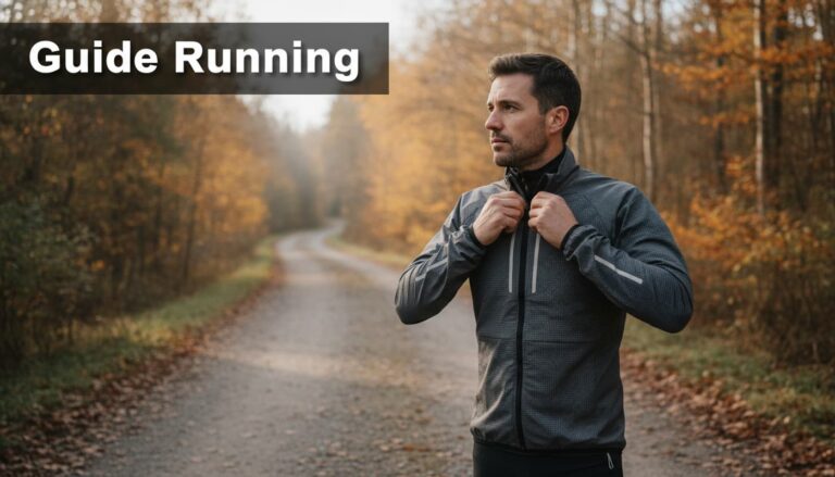 Un coureur ajuste sa veste technique coupe-vent sur un sentier forestier à l'automne sous une lumière matinale douce avec l'inscription Guide Running en superposition.