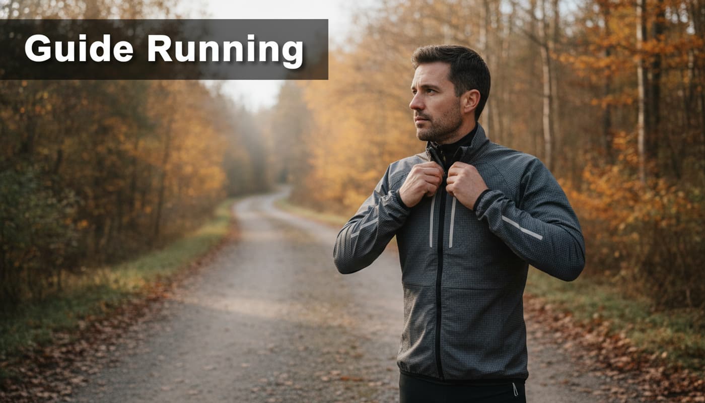 Un coureur ajuste sa veste technique coupe-vent sur un sentier forestier à l'automne sous une lumière matinale douce avec l'inscription Guide Running en superposition.