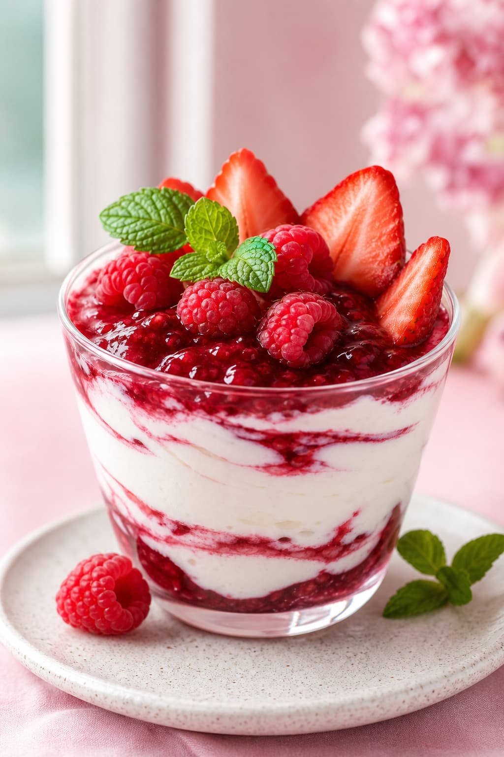 Verrine transparente de crème skyr surmontée d
