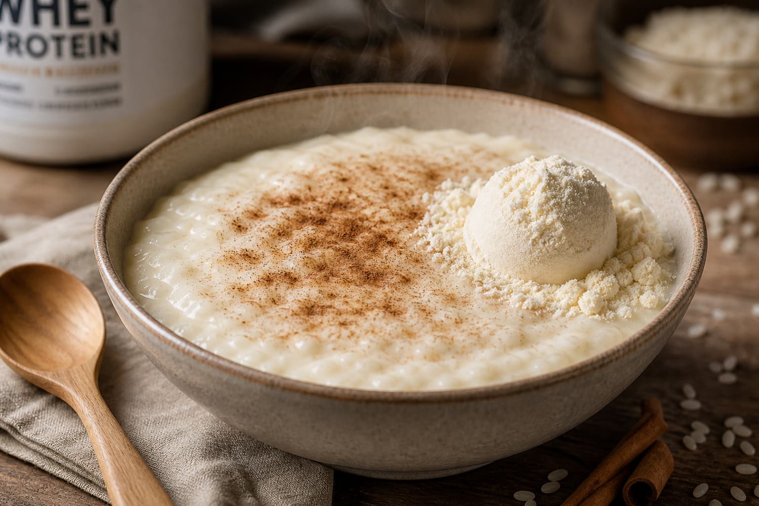 Un bol de crème de riz onctueuse saupoudré de cannelle repose sur une table en bois rustique à côté d