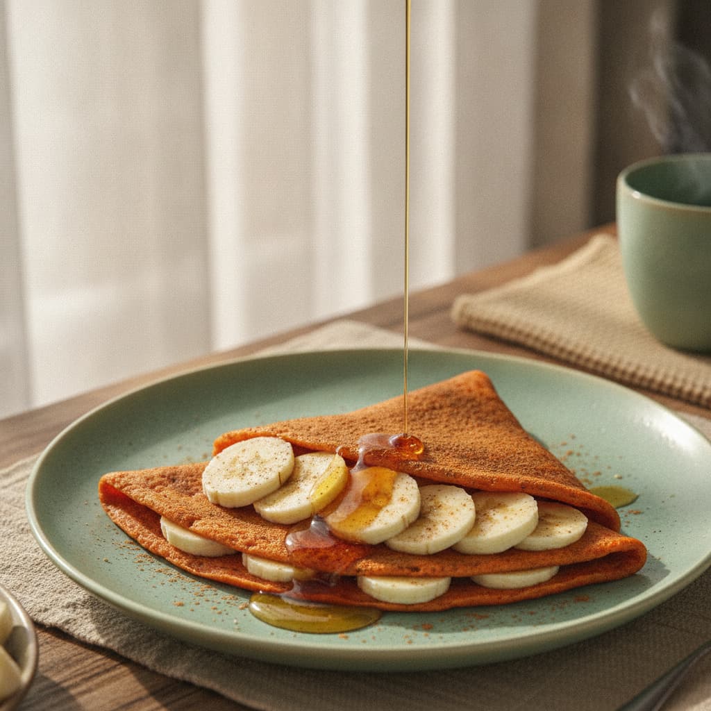 Crêpe de lentilles rouges sucrée joliment pliée sur une assiette pastel, surmontée de tranches de banane fraîches, d