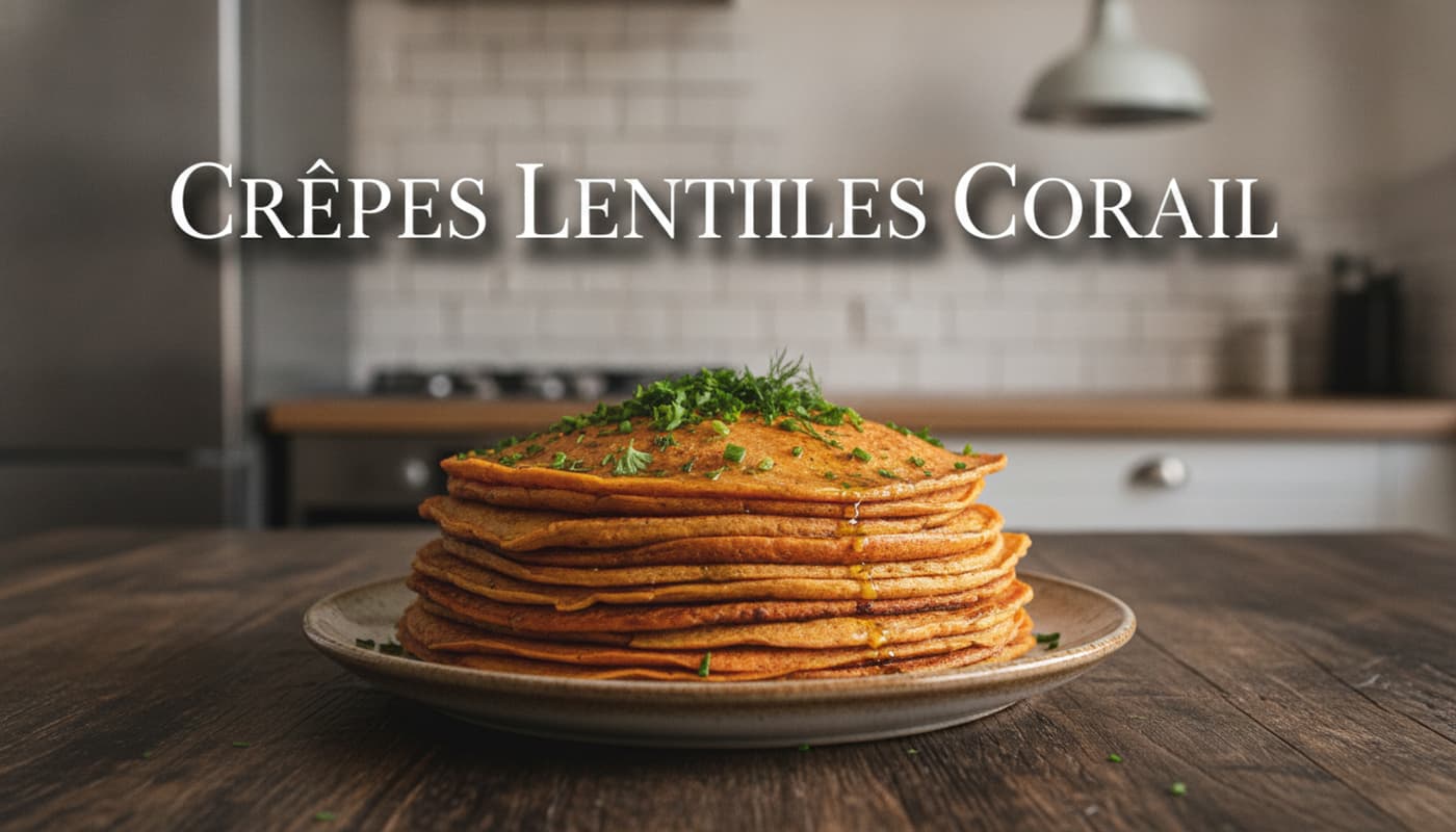Une pile de crêpes aux lentilles corail dorées sur une assiette en céramique rustique garnie d