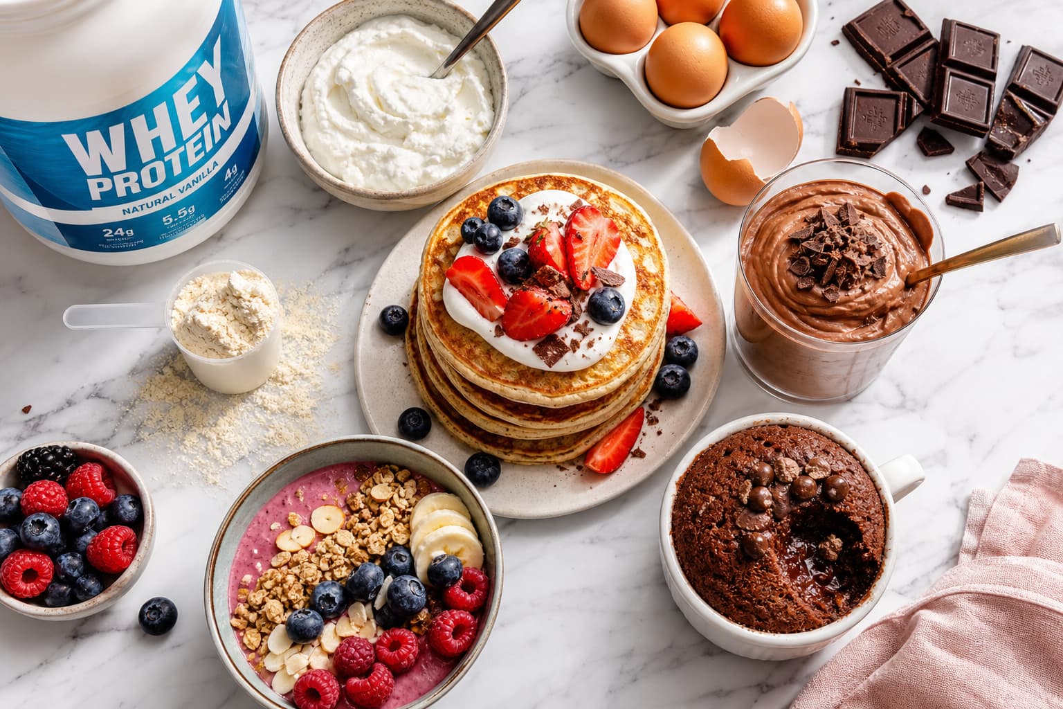 Vue de dessus de desserts protéinés colorés sur table en marbre blanc, avec mousse au chocolat, pancakes aux baies, mugcake, smoothie bowl, entourés de poudre de protéine, skyr, œufs et chocolat noir, sous un éclairage naturel vif.