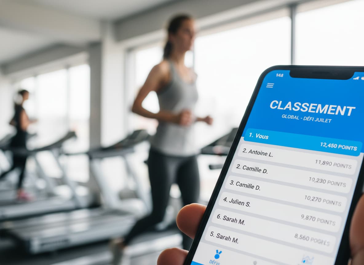 Un écran de smartphone affiche un classement de communauté fitness avec les mots 'Classement', 'Points' et 'Défi', tandis qu'une personne marche sur un tapis roulant en arrière-plan.