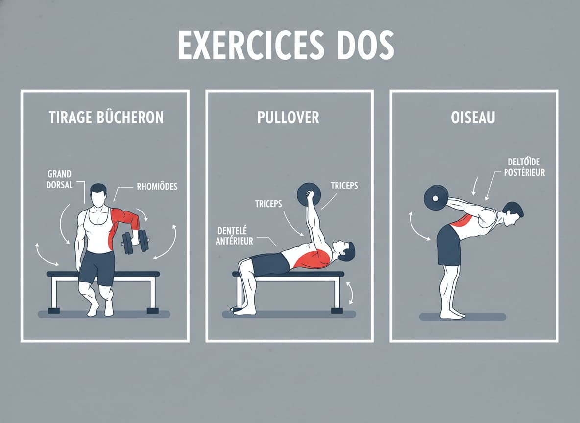 Infographie à trois panneaux montrant un homme effectuant un tirage bûcheron, un pullover et un oiseau avec haltères, avec un schéma anatomique des muscles dorsaux.