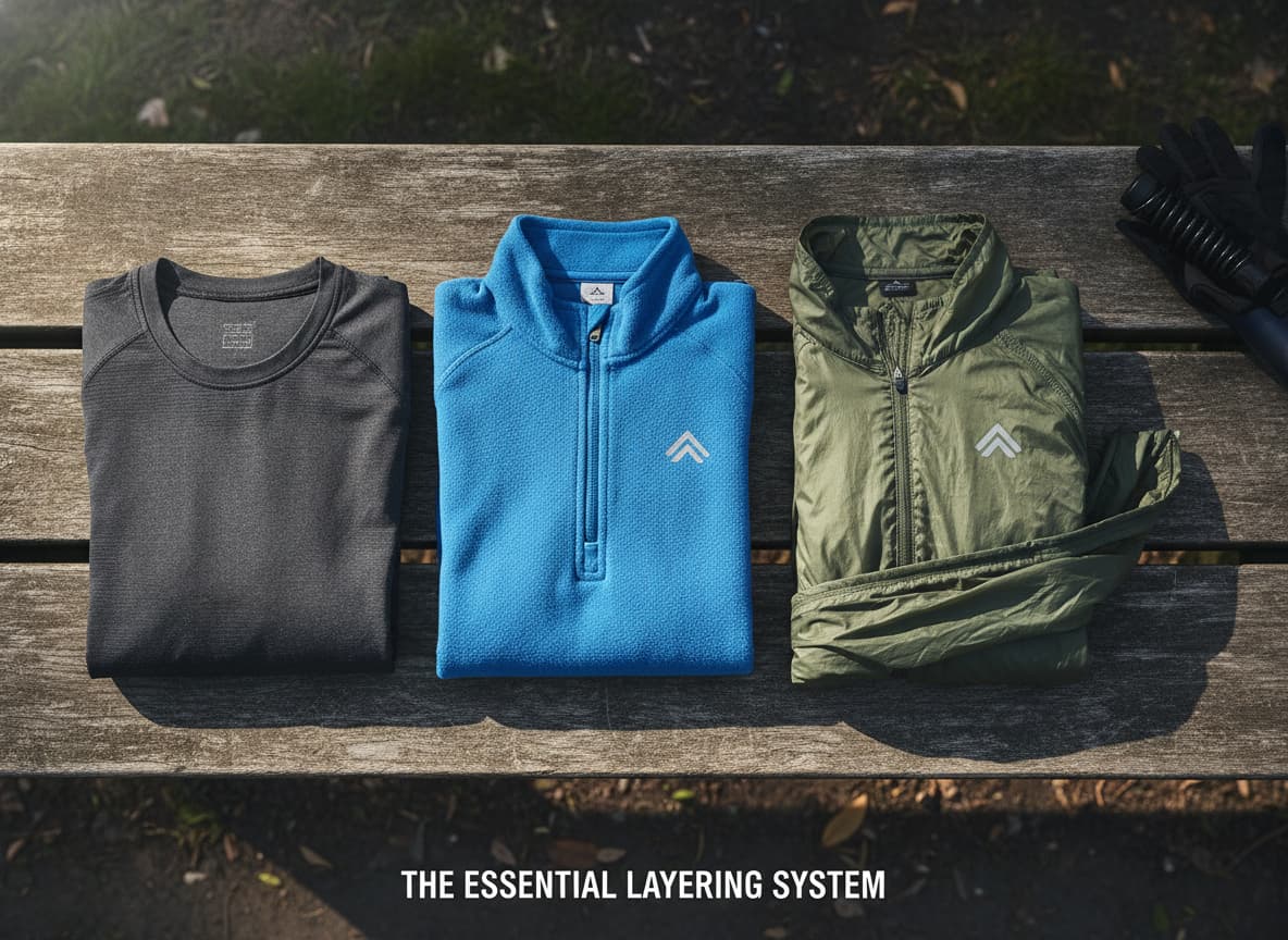Trois couches de vêtements de running — un sous-vêtement synthétique ajusté, une micro-polaire intermédiaire et une veste coupe-vent extérieure légère — disposées à plat sur un banc en bois usé dans un parc, éclairées par la lumière naturelle du jour avec des ombres douces.