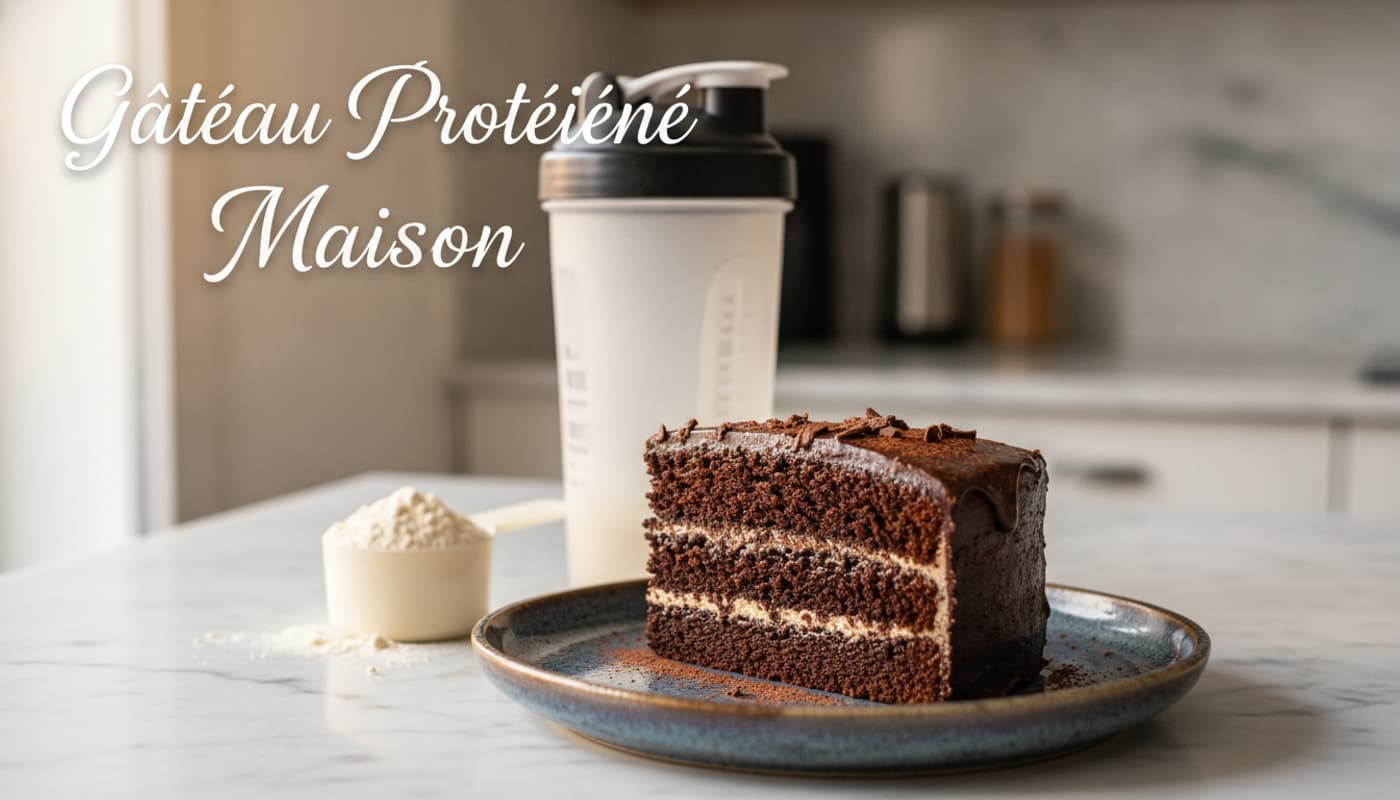Tranche de gâteau protéiné au chocolat sur assiette en céramique rustique, avec un shaker et une dose de poudre protéinée à la vanille en arrière-plan flou sur un comptoir en marbre, éclairée par la lumière naturelle, et texte superposé