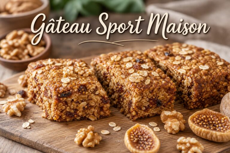 Barres épaisses de gâteau sportif maison rustique, doré et texturé avec flocons d'avoine, figues séchées et noix, sur une planche en bois, éclairage naturel, avec le texte 'Gâteau Sport Maison' en superposition ombrée.