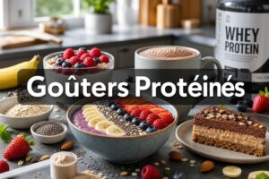 Un étalage de collations protéinées saines sur un comptoir de cuisine moderne, incluant un bol de smoothie protéiné avec des graines de chia, une tasse de shake de whey protéiné, du yaourt grec avec des fruits rouges et une part de gâteau protéiné, sous une lumière naturelle vive, avec le texte 'Goûters Protéinés' superposé en ombre portée sur un fond semi-transparent.