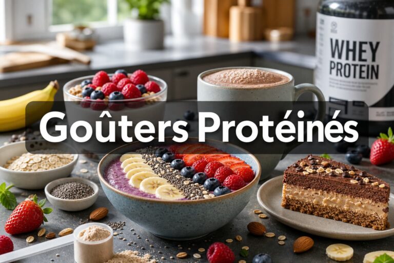 Un étalage de collations protéinées saines sur un comptoir de cuisine moderne, incluant un bol de smoothie protéiné avec des graines de chia, une tasse de shake de whey protéiné, du yaourt grec avec des fruits rouges et une part de gâteau protéiné, sous une lumière naturelle vive, avec le texte 'Goûters Protéinés' superposé en ombre portée sur un fond semi-transparent.