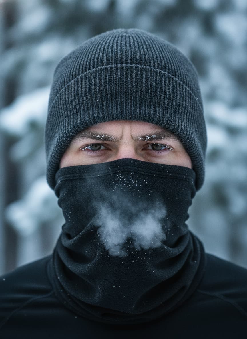 Gros plan du visage d'un coureur partiellement couvert par un tour de cou thermique et un bonnet en laine mérinos, expirant de l'air froid visible dans une forêt hivernale avec des pins enneigés en arrière-plan flou.