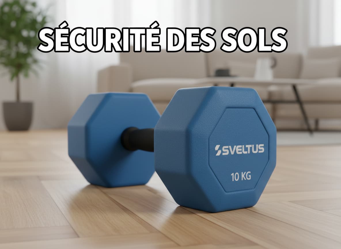 Un haltère hexagonal Sveltus au revêtement en élastomère bleu ou noir posé sur un parquet délicat, avec le texte 'SÉCURITÉ DES SOLS' en superposition.