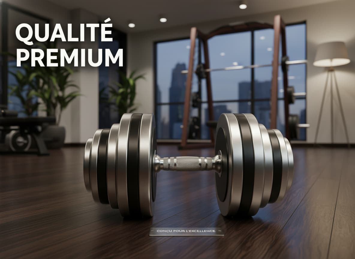 Haltère ajustable Nuobell au fini métallique avec texte 'QUALITÉ PREMIUM' en surimpression.
