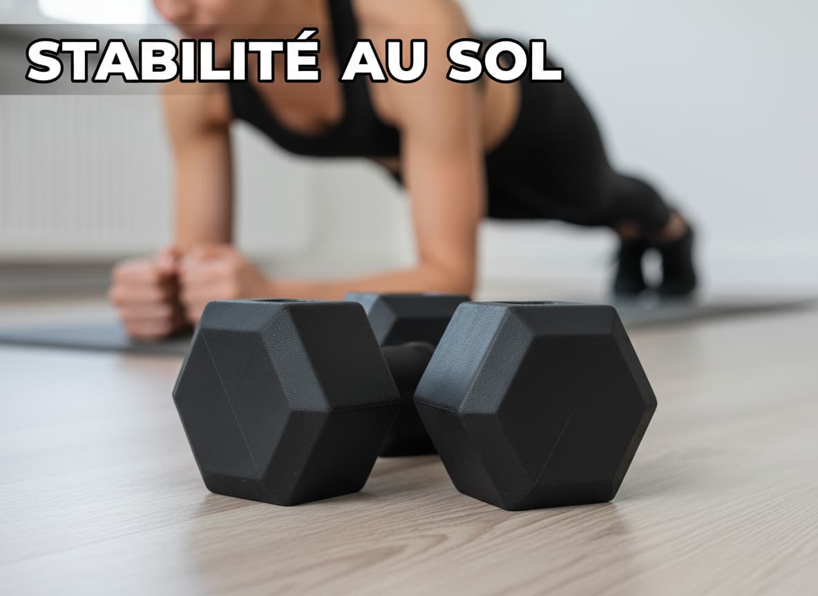 Deux haltères hexagonaux noirs en caoutchouc reposent sur un sol en bois, avec un arrière-plan flou d'une personne en planche et un texte superposé 'STABILITÉ AU SOL'.