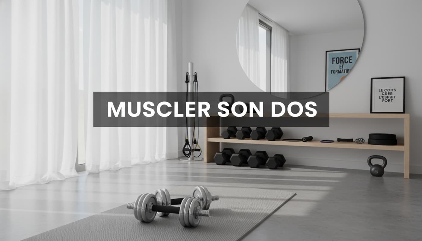 Deux haltères posés sur un tapis de yoga dans une pièce lumineuse avec le texte MUSCLER SON DOS en superposition.